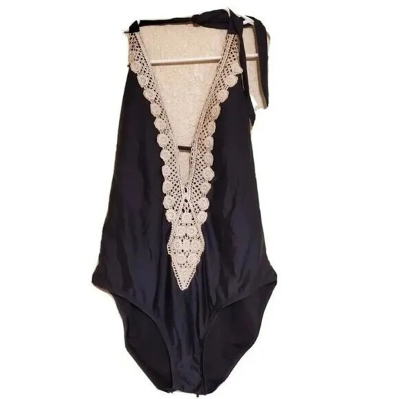 Kona Sol Womens Crochet Trim Plunge One Piece Swimsuit Black Xlarge Ivory Deep V - Picture 1 of 2
